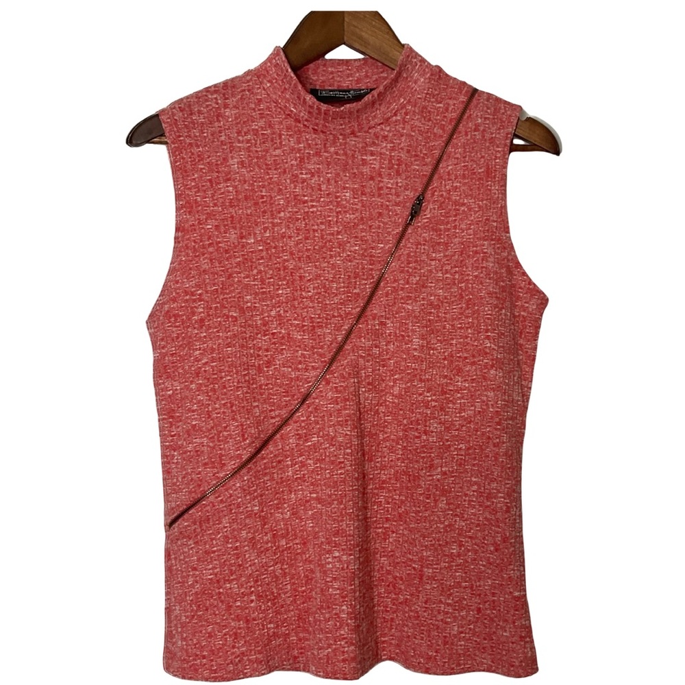Brittany Humble Red Pink Sleeveless High Neck Diagonal Full Zip Front Top Sz M